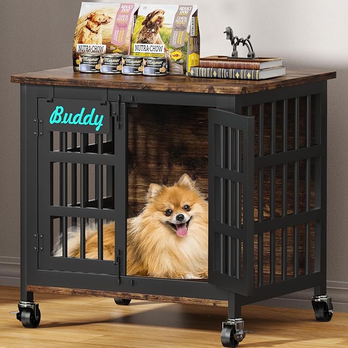 EasyCom Heavy Duty Dog Kennel Indoor with Name Tag, 27" Dog Crate Furniture for Small Dogs, Double-Doors Sturdy Metal Dog Cage for Anxiety Dog-PawvioPets