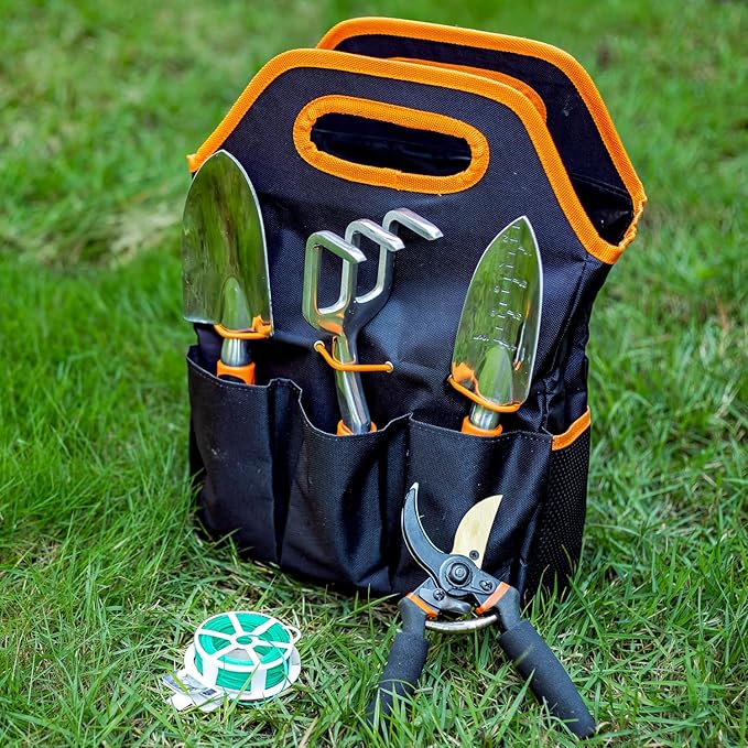 ESOW Garden Tool Set 7 PCS, Includes Cast-Aluminum Heavy Duty Hand Trowel, Transplant Trowel, Hand Rake, SK-5 Steel Gardening Scissor, Plant Tie, Bag & Gloves, Tool Kit Gifts-PawvioPets