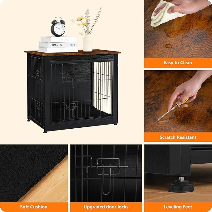 DWANTON Dog Crate Furniture with Cushion, Wooden Kennel Table with Double Doors, Indoor Dog House, Small/Medium/Large Size, 27.2" L, Black+Rustic Brown-PawvioPets
