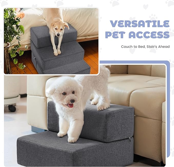 Foldable 18 Inch Wide 3 Step Wide Dog Stairs for Large Dogs, 18 Inch Height Foam Dog Steps for Bed & Couch, Linen Covered Pet Stairs for Dogs to Get on Bed, Outdoor Foam Pet Steps for for Cars & SUV-PawvioPets