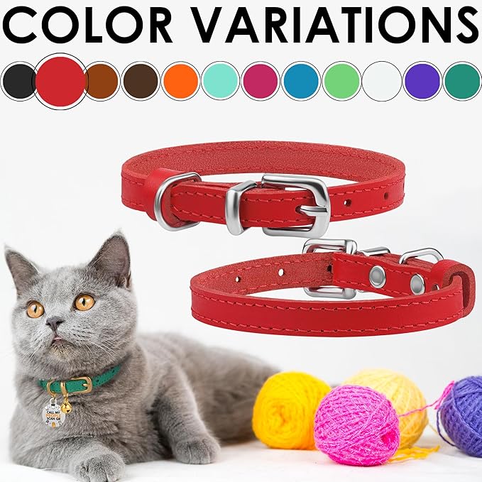 BRONZEDOG Leather Cat Collar with Removable Bells Non Breakaway Kitten QR Tag for Girl Boy (9" - 12" Cats/Mini Dogs, Red & Silver)-PawvioPets