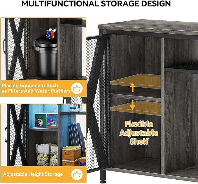 DWVO 20-29 Gallon Aquarium Stand with Power Outlets & LED Light, Cabinet for Fish Tank Accessories Storage - Metal Fish Tank Stand Suitable for Turtle Tank, Reptile Terrarium, 350LBS Capacity, Grey-PawvioPets