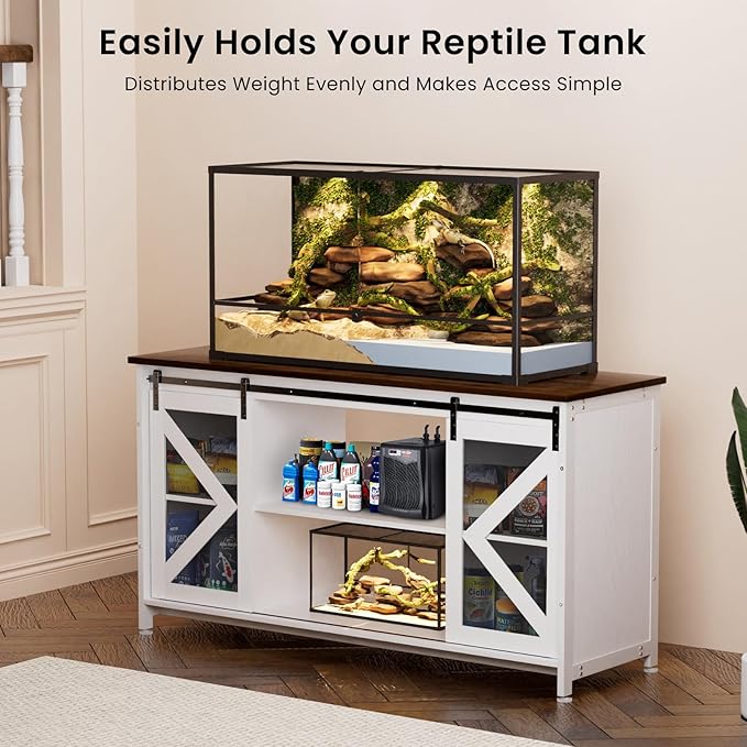 55-75 Gallon Aquarium Stand Heavy Duty Steel Frame, Fish Tank Cabinet with Accessories Storage for Reptile Terrarium & Turtle Tank - 1000lbs Capacity (White)-PawvioPets