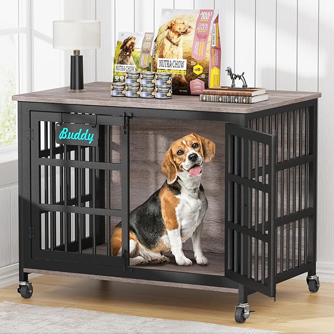 EasyCom 41"/33"/27" Dog Crate Furniture with Name Tag, Heavy Duty Dog Kennel Indoor for Medium Dogs, Double-Doors Sturdy Metal Dog Cage for Anxiety Dog, Decorate House as TV Stand, End Table-PawvioPets