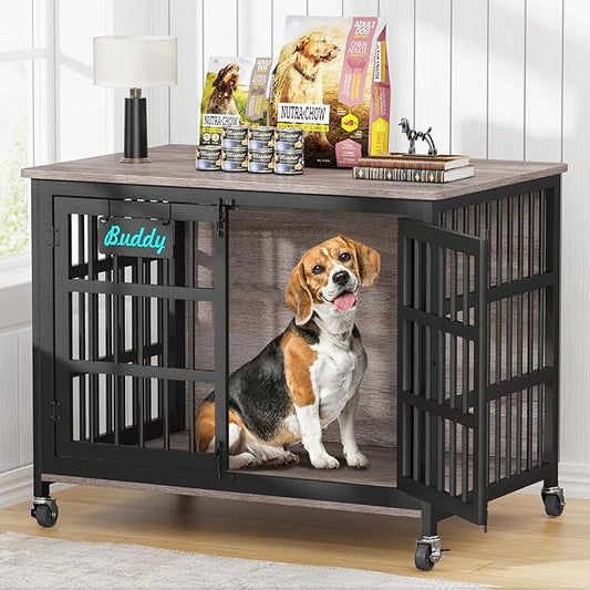 EasyCom 41"/33"/27" Dog Crate Furniture with Name Tag, Heavy Duty Dog Kennel Indoor for Medium Dogs, Double-Doors Sturdy Metal Dog Cage for Anxiety Dog, Decorate House as TV Stand, End Table-PawvioPets