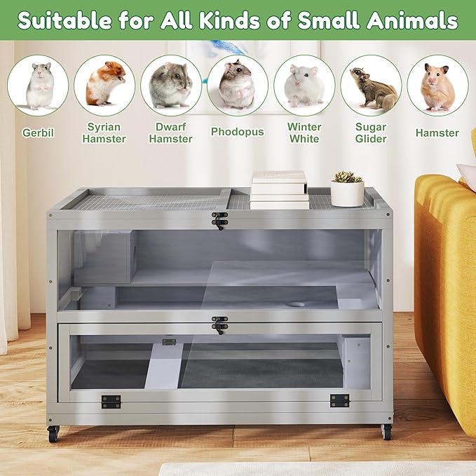 Coziwow Hamster Cage 35.4'' with Removable Ramps & Tray, Small Animals Hutch with Wheels & 2 Openable Doors, 3-Tier Wooden Cage for Dwarf Syrian Hamster, Mice, Rat, Rabbit-PawvioPets