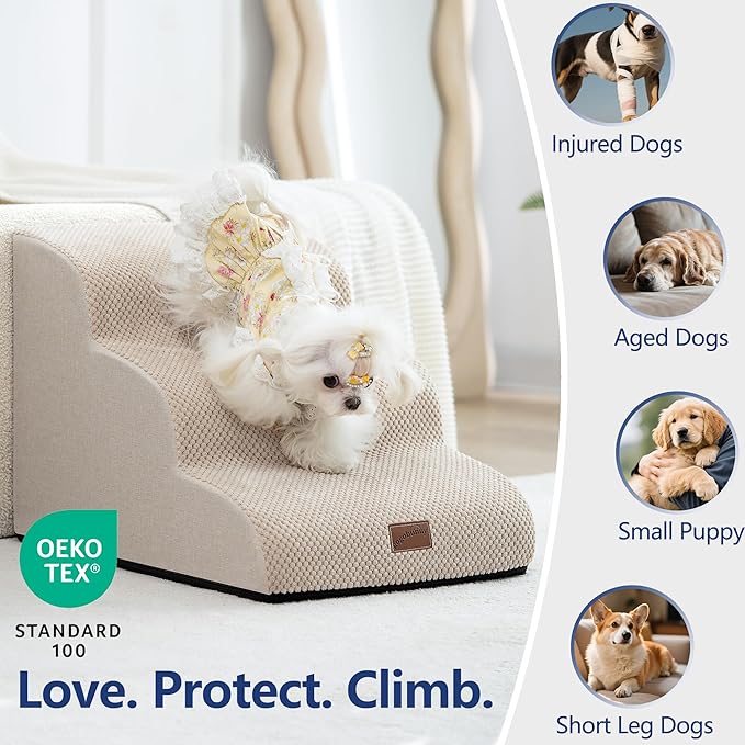 GoGoBunny Ramp Dog Stairs for Couch Sofa and Chair 15.7" H, 3-Step Pet Steps for Small Dogs and Cats, Non-Slip Waterproof Fabric Cover, Stable and Balanced Indoor Step, Pets Friendly, Beige-PawvioPets