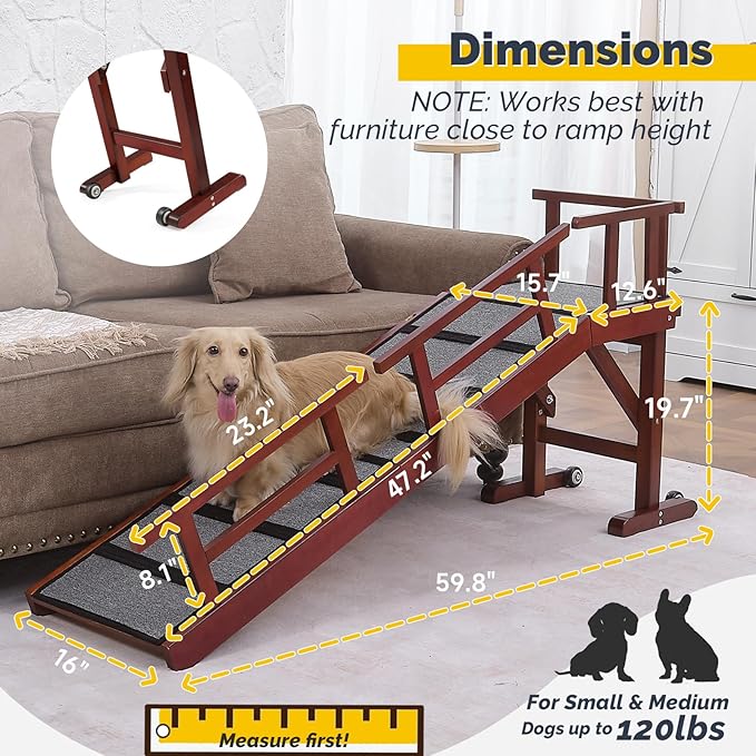 Dog Ramp for Bed or Couch, Wooden Pet Ramp with 20° Gentle Slope, Removable Side Rails, Non-Slip Surface, Top Platform & Wheels, Safe Bed Ramp for Small, Medium & Senior Dogs, 60" Long, Mahogany-PawvioPets