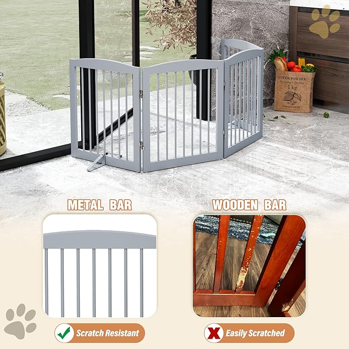 Freestanding Pet Gate - Foldable Wooden Dog Gate for House, Indoor, 80 Inch Wide, 4 Panels 24", Grey-PawvioPets