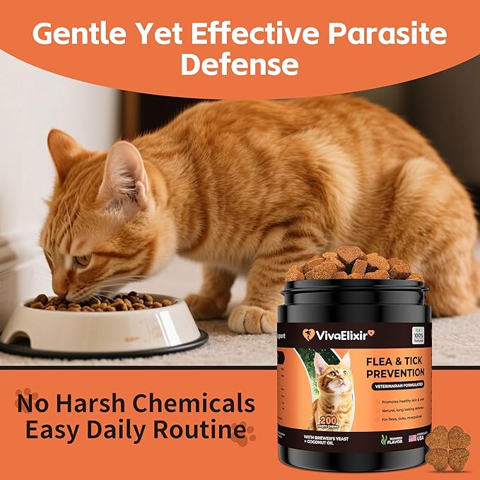 Flea & Tick Treatment for Cats – Natural Flea, Tick & Mosquito Prevention with Brewer’s Yeast, Coconut Oil – Skin & Coat Health, Immune Support – Vet Formulated 200 Chews-PawvioPets