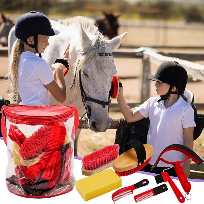 9 Pieces Horse Grooming Kit Tack Room Supplies Set with Organizer Tote Bag, Oval Massage Curry, Hard and Soft Brush, Hoof Pick, Sweat Scraper, Bathing Sponge, Combs for Horse Riders Beginners (Red)-PawvioPets