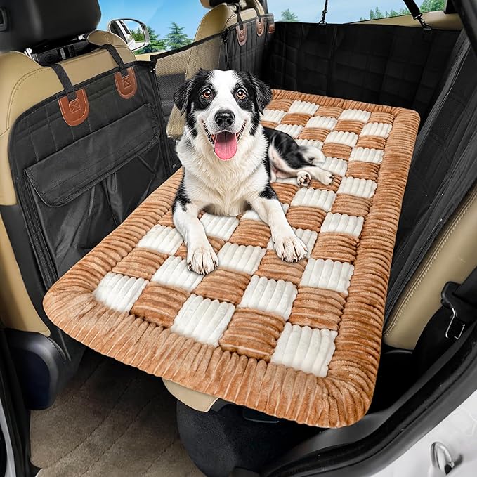 Dog Car Bed Mat, Non-Slip Backseat Extender Pet Blanket, Plaid Dog Bed for SUVs, Sedans & Trucks, Chew-Resistant Travel Pad for Dogs, Easy Clean & Scratch-Proof & Comfort (50"x24.6")-PawvioPets