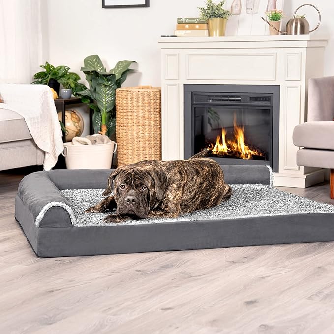 Furhaven Cooling Gel Dog Bed for Large Dogs w/ Removable Bolsters & Washable Cover, For Dogs Up to 125 lbs - Two-Tone Plush Faux Fur & Suede L Shaped Chaise - Stone Gray, Jumbo Plus/XXL-PawvioPets
