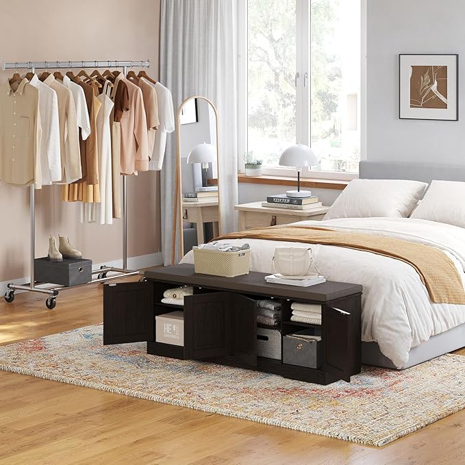 DINZI LVJ Shoe Bench, Entryway Storage Bench with Doors, Cushion, 2-Tier Shoe Rack with 8-Cubby, 47.2”L x 13.8”W Shoe Organizer Cabinet, Adjustable Shelf, Living Room, Bedroom, Espresso-PawvioPets