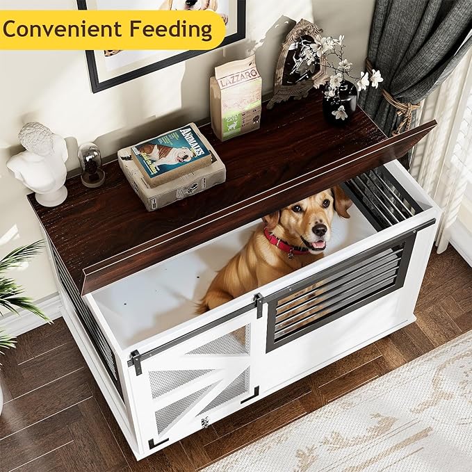 47 inch XL Dog Crate Furniture with Top-Access Teasing/Feeding Doors, Farmhouse Wooden Decorative Dog Crates with Wheels, Chew-Resistant Dog Crates End Table for Medium&Large Dogs, White-PawvioPets