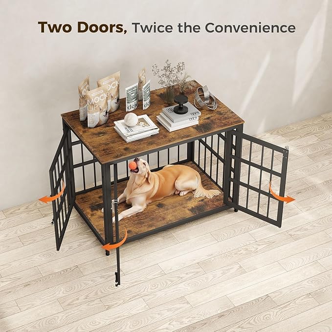 38 Inch Heavy Duty Wooden Dog Kennel End Table with Double Door Design and Secure Locks, Indoor Pet Crate Furniture for Medium Dogs, Decorative Home Cage Design,Aged Black-PawvioPets