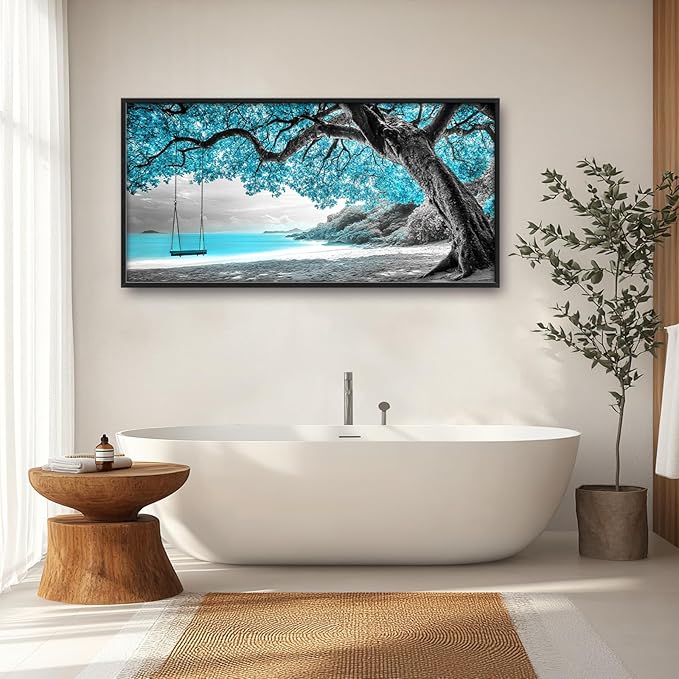 Extra Large Framed Abstract Tree Wall Art,Black and White Tree of Life Wall Decor,Blue Teal Sea Pictures for Living Room,Canvas Print Painting Modern Artwork Bedroom Office Bathroom 60L x 30W-PawvioPets