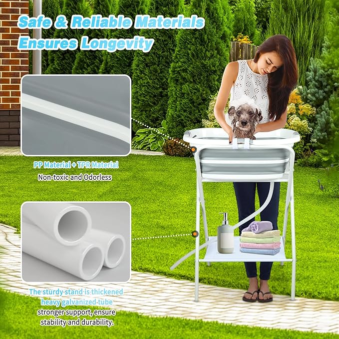 FHTONGE Elevated Dog Bathtub Grooming Station with Drain Adjustable Collar, 2 in 1 Collapsible Dogs Beautify Bathtub Portable Pet Washing Station, Pet Tub for Small Medium Dog Cat Shower Hairdressing-PawvioPets