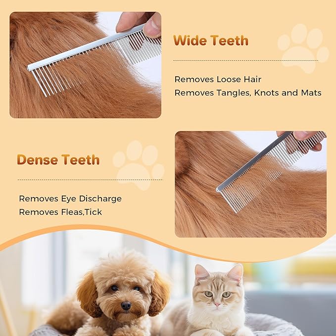 7.5 Inch Professional Stainless Steel Pet Grooming Comb for Dogs & Cats, Wide & Dense Teeth for Removing Tangles, Knots,Undercoat,Flea,Excess Hair, Rounded Corners Design for Safe,Metal Dematting Tool-PawvioPets