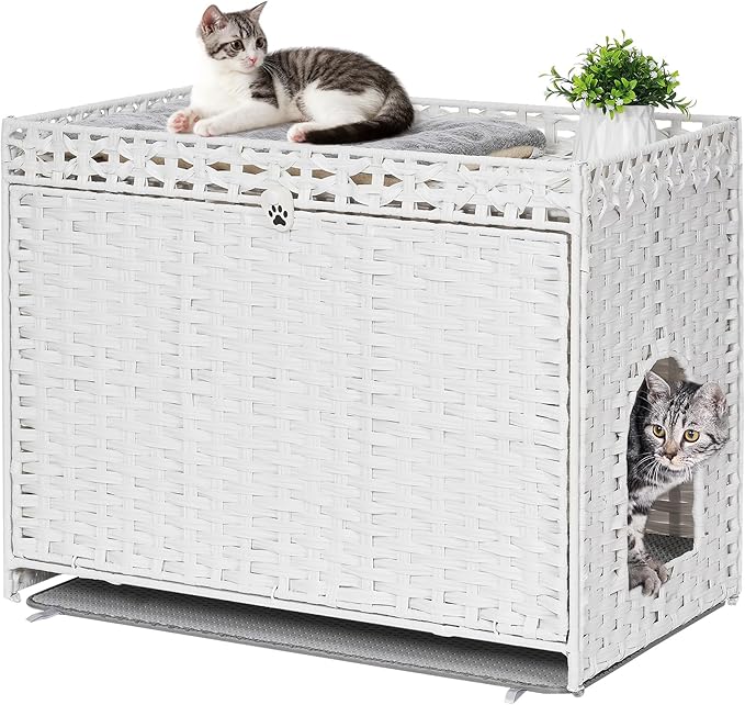 Cat Litter Box Enclosure with Soft Litter Mat; Hidden Cat Washroom Furniture with Door; Handwoven Rattan Cat House with Large Space; Pet Crate for Living Room, Bedroom, Balcony (White)-PawvioPets