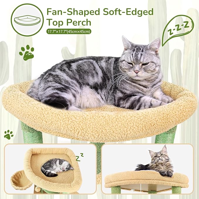 Globlazer Cactus Corner Cat Tree Tower with Scratching Post for Indoor Cats, 51in Multi-Level Cat Condo Tower with Large Hammock, Fan-Shaped Padded Perch, Spacious Cat Cave, Hanging Basket, C51, Green-PawvioPets