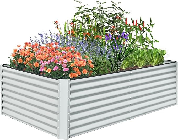 Domi Raised Garden Beds Outdoor, 8x4x2ft Thickening Tall Metal Rectangular Deep Root Box Planter for Vegetables, Flowers, Herbs, and Succulents 2" Deep w/ 456 Gallon Capacity - Silvery-PawvioPets
