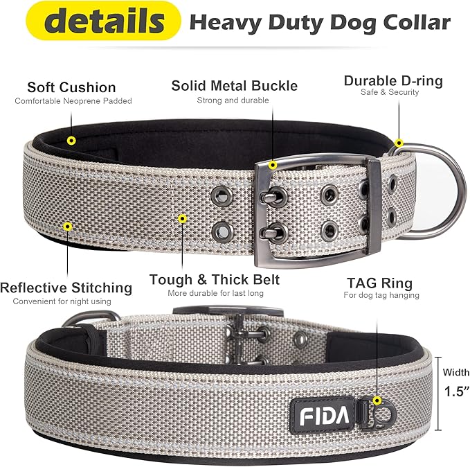Fida Heavy Duty Dog Collar 1.5” Width, Ultra Soft Neoprene Padded, Adjustable Reflective Nylon Pet Collar with Two Metal Pin Belt Buckle for Large/X-Large Breeds (XL, Grey)-PawvioPets