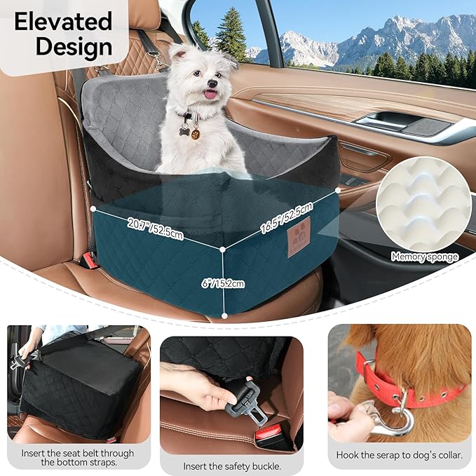 Dog Car Seat for Small/Medium Dogs, Dog Booster Car Seats with Thick Cushion for Dogs Under 35lbs, Detachable Washable Pet Car Seat with Storage Pockets, 2 Safety Belts(Black/Grey)-PawvioPets