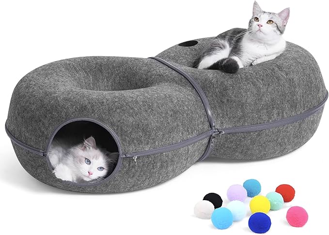 8-Shaped Large Cat Tunnel Bed for Indoor Cats, Infinite Circulation Peekaboo Cat Cave with 12 Toy Balls, Cat Donut Tunnel for Cats up to 30 Pounds (Dark Grey, L 38x24x11in)-PawvioPets