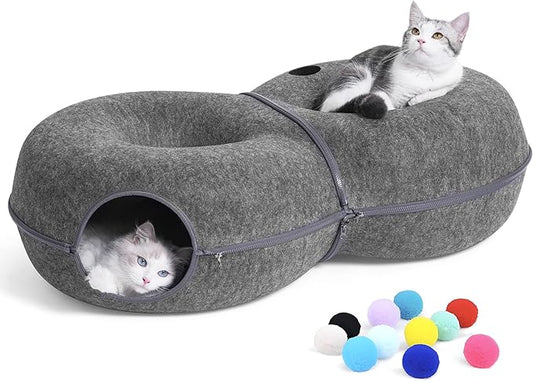 8-Shaped Large Cat Tunnel Bed for Indoor Cats, Infinite Circulation Peekaboo Cat Cave with 12 Toy Balls, Cat Donut Tunnel for Cats up to 30 Pounds (Dark Grey, L 38x24x11in)-PawvioPets
