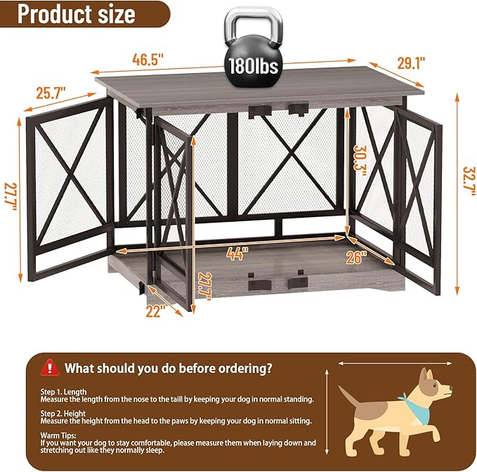 COZPAW Large Dog Crate Furniture - 48 inch Heavy Duty Dog Kennel Indoor for XLarge Breed with Double Doors, Wooden Dog Cage XL Modern Decorative End Table Pet House (Gray)-PawvioPets