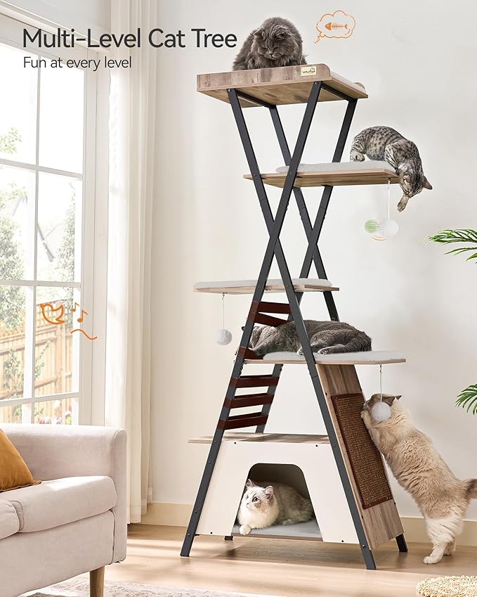 FourFurPets 72.4" Cat Tree, Modern Cat Tower for Indoor Cats, Multi-Level Cat Condo with Caves, Tall Cat Tree with Cat Scratching Board, Wooden Cat Tower with Large Perch, Removable Pads, Camel Brown-PawvioPets