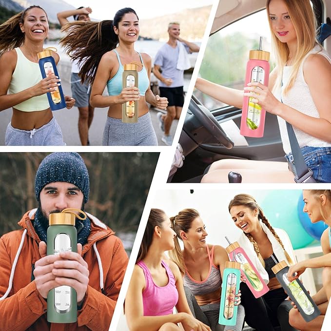 32 oz Glass Water Bottle with Straw - Motivational Time Marker & Silicone Sleeve - Reusable Tumbler Includes 2 Bamboo Lids & Fruit Infuser - 1 Pack-PawvioPets