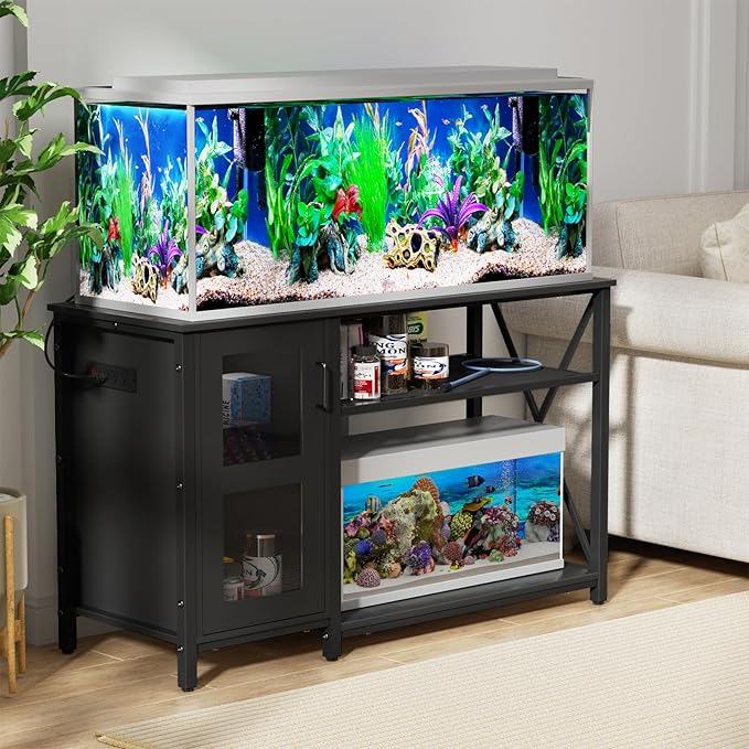 55-75 Gallon Fish Tank Stand , Aquarium Stand with Cabinet & Power Outlets for Fish Tank Accessories Storage, Heavy Duty Metal Terrarium Stand, 52" L*19" W Tabletop, 1200LBS Capacity, Black-PawvioPets