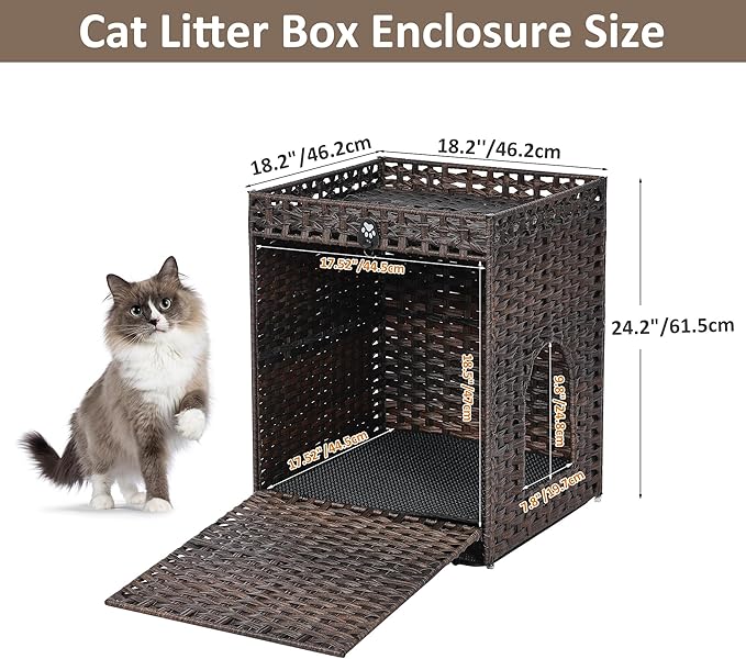 Cat Litter Box Enclosure with Soft Litter Mat; Hidden Cat Washroom Furniture with Door; Handwoven Rattan Cat House; Pet Crate for Living Room, Bedroom, Balcony (Brown)-PawvioPets