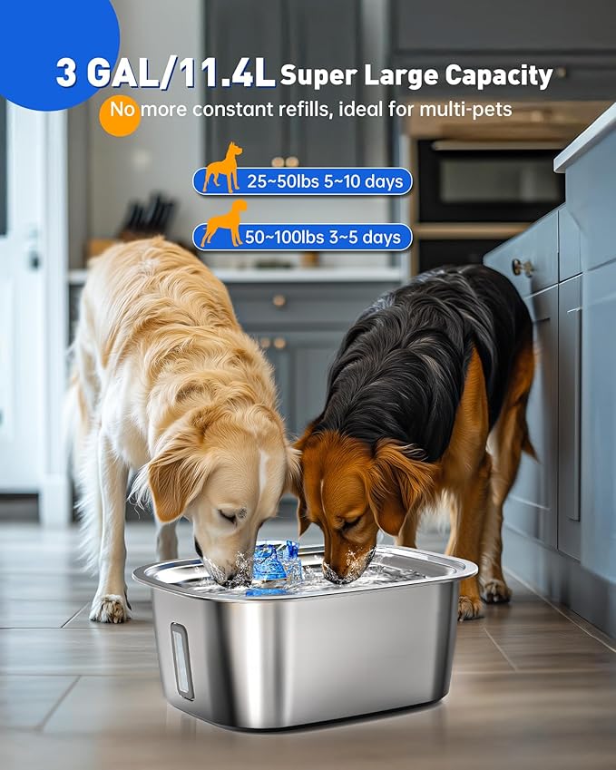 Dog Water Fountain for Large Dogs Stainless Steel, 3Gal Extra Large Dog Water Bowl Dispenser with 2 Filters & Visual Window, Automatic Filtered Pet Fountain Indoor, Quiet Safe Pump with LED Indicator-PawvioPets