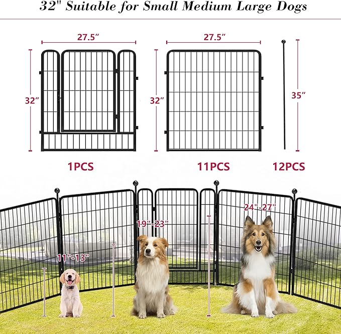Dog Playpen 32 inch 12 Panels Indoor Dog Pen for Medium/Small Dogs Heavy Duty Metal Dog Fence Outdoor for Yard, Puppy Playpen with Door Portable Pet Fence for RV Camping Yard-PawvioPets