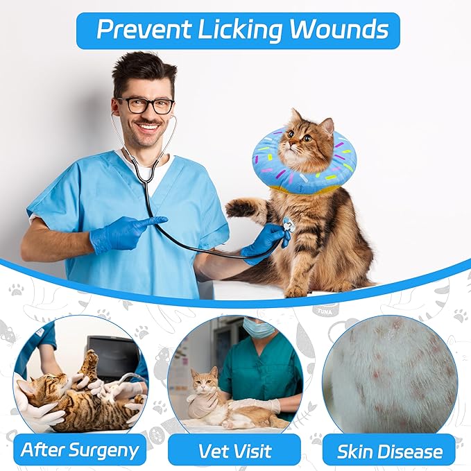 Cat Cone Collar Soft, Adjustable Cat Recovery Collar Spay Cones to Stop Licking, Cute Donut E Collar After Surgery, Anti-Lick Wound Healing Elizabethan Collars for Kittens(Donut Blue, Small)-PawvioPets