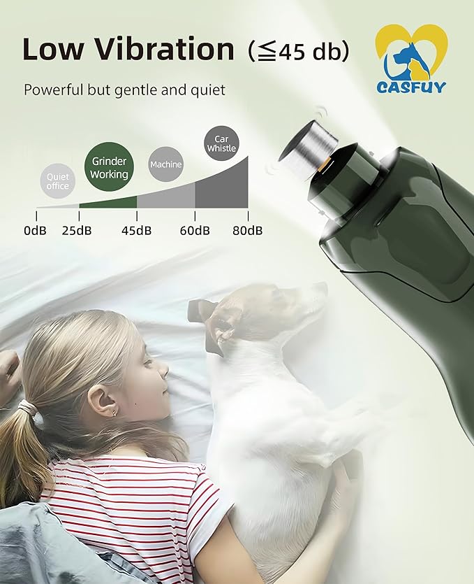 Casfuy Dog Nail Grinder Quiet - (45db) 6-Speed Pet Nail Grinder with 2 LED Lights for Large Medium Small Puppy Dogs/Cats, Professional 3 Ports Rechargeable Electric Dog Nail Trimmer with Dust Cap-PawvioPets