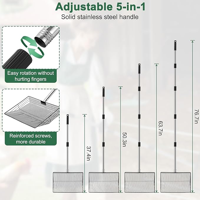 15-inch Large Chicken Poop Scooper, 5 in 1 Adjustable Chicken Coop Scoop with Ergonomic Grip, 24" to 77" Long Stainless Steel Sifting Litter Shovel Pooper Scooper Chicken Coop Accessories-PawvioPets