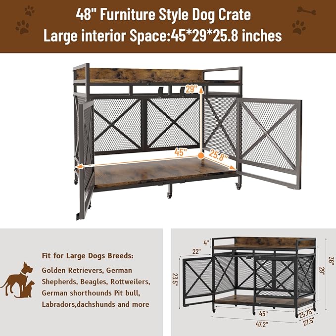 COZPAW Large Dog Crate Furniture, 48 Inch Wooden Dog Kennel for XLarge Dogs, Heavy Duty Dogs Furniture Indoor Wire Dog Cage with Caster Wheels, Decorative Pet House End Table, Brown-PawvioPets