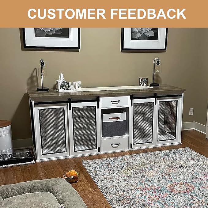 Extra Large Dog Crate Furniture, 85" Sliding Door Double Kennel for 2 Large Dogs Divided, Heavy Duty Wooden Dog Crate Kennel Furniture with 4 Dog Bowls and Drawer Indoor, White-PawvioPets