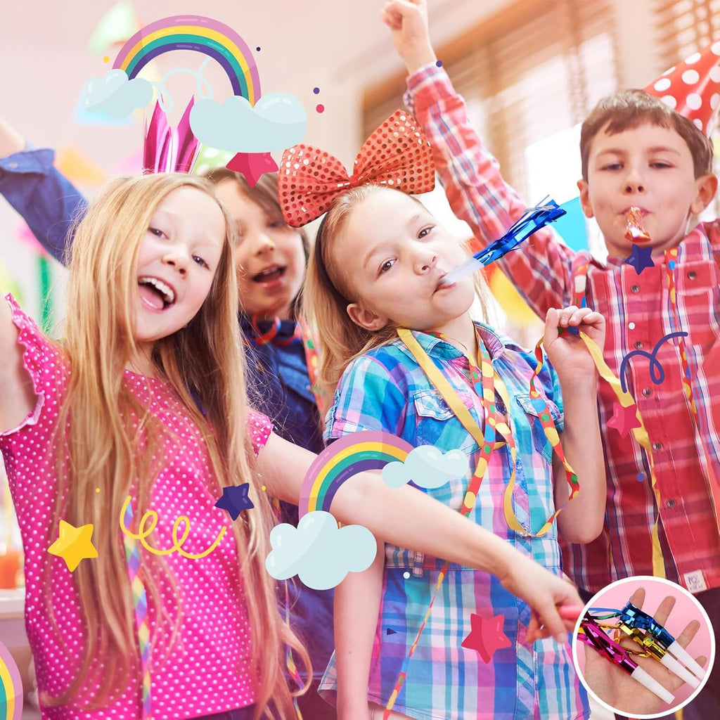 24 Pcs Glitter Noisemakers, Metal Tassel Music Birthday Blowers, Horn Whistles Party Favors Blow Out, Kids New Year's Eve Noisemakers (Color, Gold, Silver)