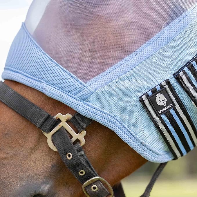 Equinavia Algard Soft Mesh Horse Fly Mask with Ear Protection and 45 UPF Rating | No Eye Irritation & UV Protection - Light Blue - Pony-PawvioPets