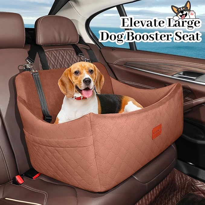Dog Car Seat for Medium & Large Dogs Up to 55lbs, Memory Foam Cushion, Washable Cover, Safety Straps & Non-Slip Base (Brown, Large)-PawvioPets