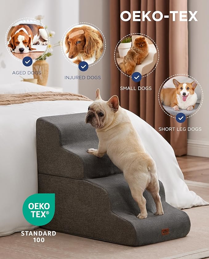 Beige Curved Dog Stairs Ramp for High Beds 28.7" H, 5-Step Dog Steps for Small Dogs and Cats, Pet Stairs for High Bed Climbing, Non-Slip Balanced Pet Step-PawvioPets