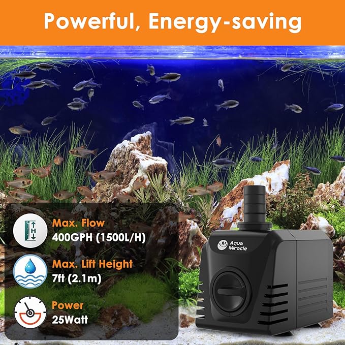 AquaMiracle Submersible Water Pump Aquarium Water Pump with Flow Control, Pond Pump Fountain Pump for Pond, Fountain, Waterfall, Statuary, Water feature, Hydroponics (400GPH, 25W)-PawvioPets