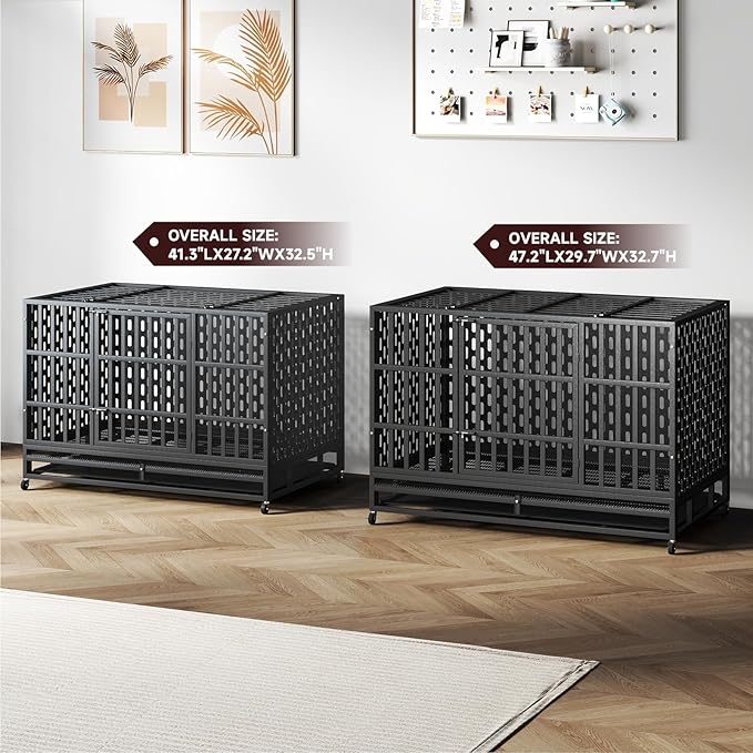 48/42 Inch Heavy Duty Indestructible Dog Crate Steel Escape Proof, Indoor Double Door High Anxiety Cage, Kennel with Wheels, Removable Tray, Extra Large XL XXL-PawvioPets
