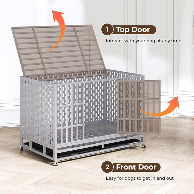 48 Inch Heavy Duty Indestructible Dog Crate Steel Escape Proof, Indoor Double Door High Anxiety Cage, Kennel with Wheels, Removable Tray,Silver,Extra Large XL XXL-PawvioPets