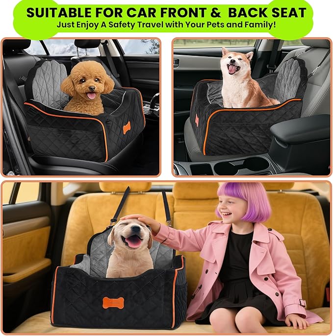 Dog Car Seat for Small Dogs Under 30lbs, Detachable Washable Pet Booster Seat with Safety Belt & Storage Pockets, Travel Car Bed, Black/Grey-PawvioPets